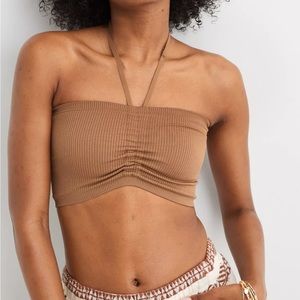 AERIE NWT BROWN SEAMLESS RUCHED HALTER CROP TOP